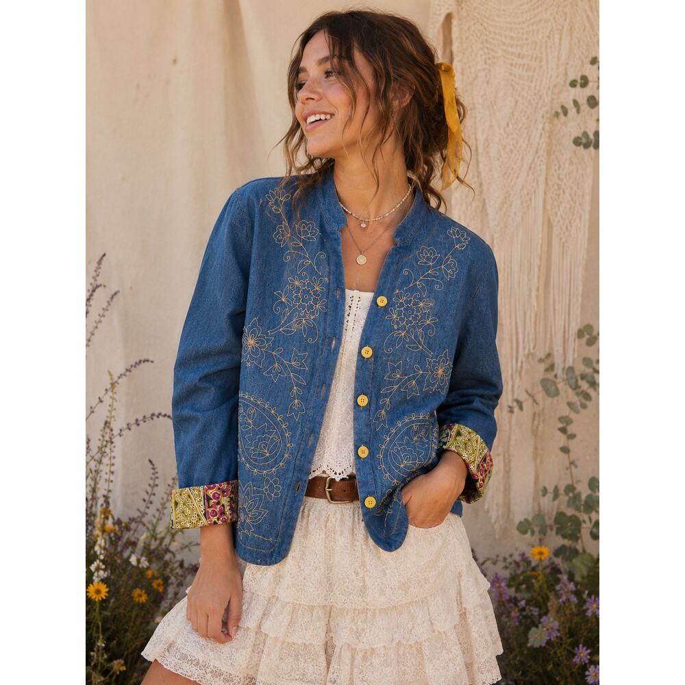 Boho Western Floral Embroidered Denim Jacket Shirt 16W Button Front Plus Size 1X